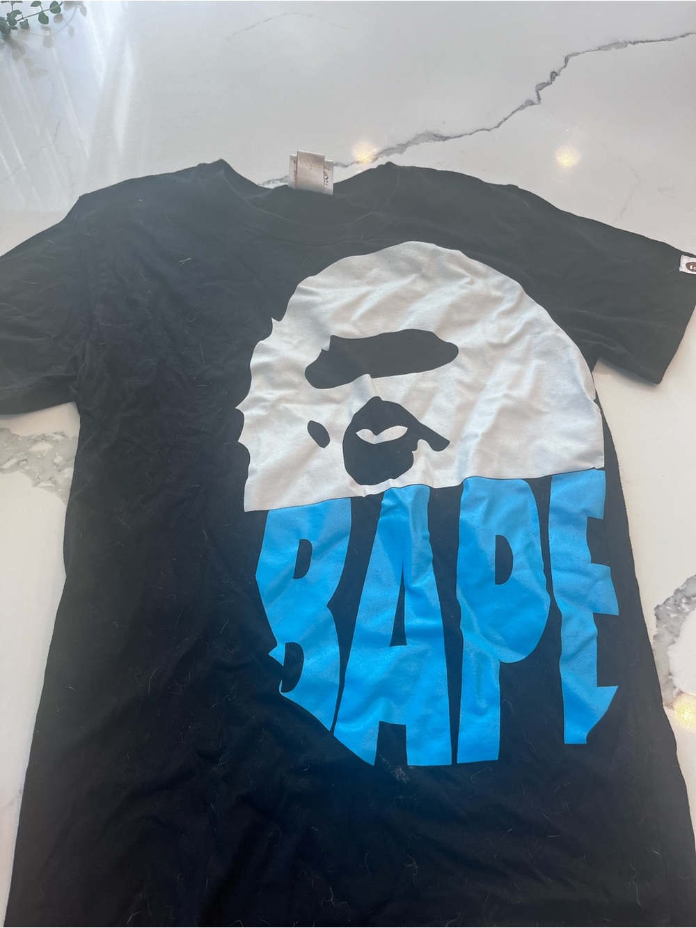 Bape Black T-Shirt with White Ape Head and Blue BAPE Logo